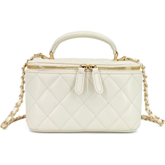 Genuine Leather Mini Crossbody Bag Quilted Gold Chain Purse for Women - Picture 7 of 9